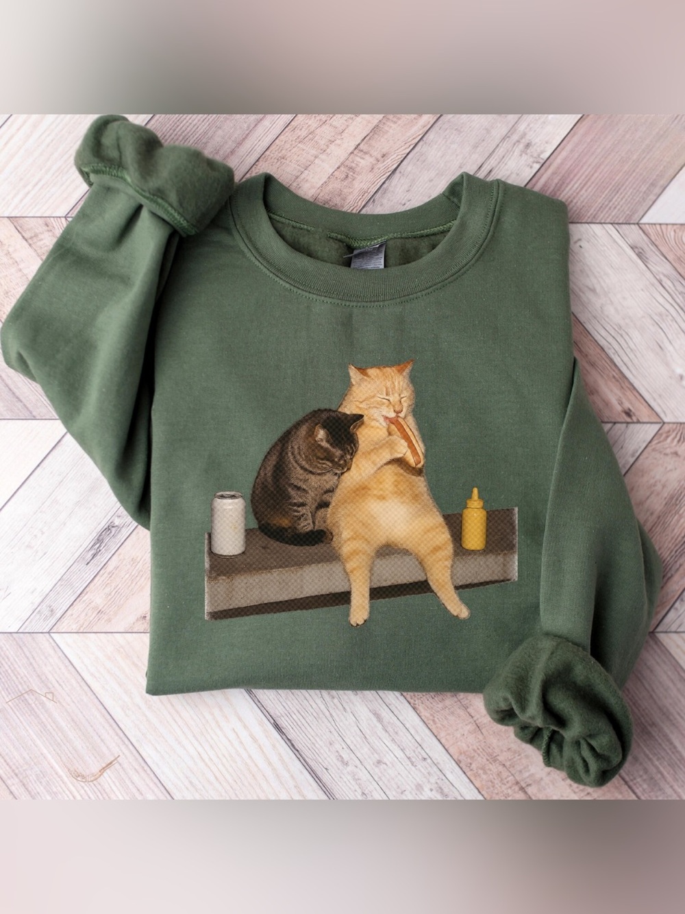 Military Green Sweatshirt with Two Cat Graphic